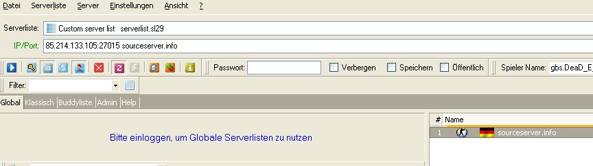 Eingetragener und selektierter Server