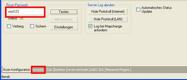 RCON-Passwort eingeben und Status prüfen